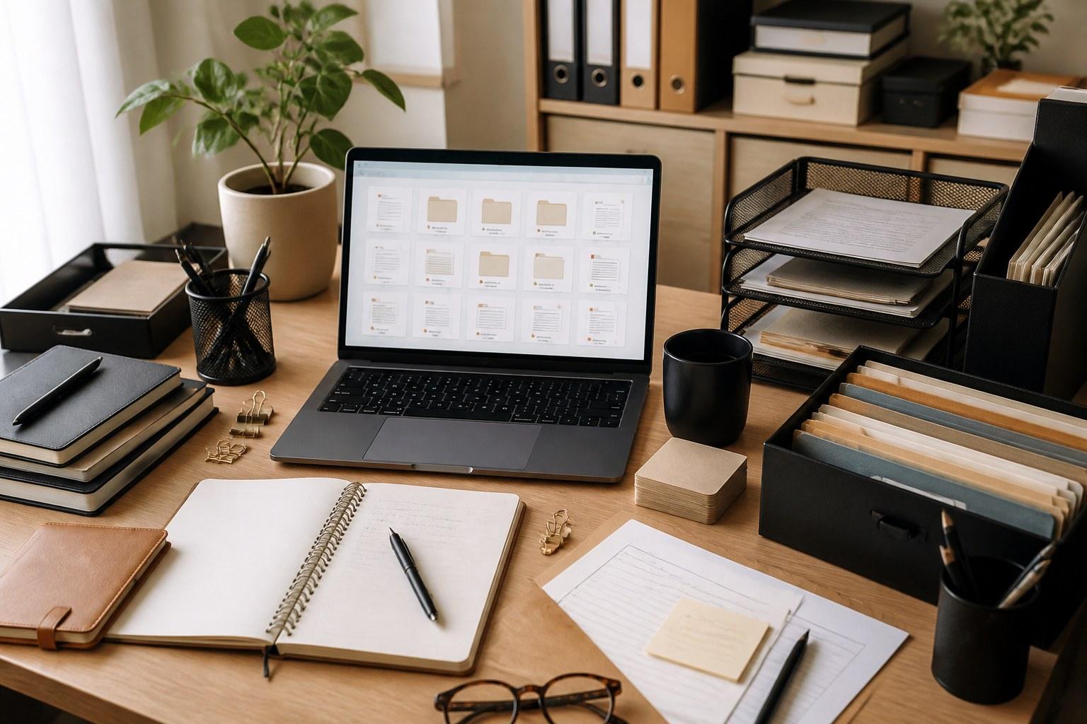 Escritorio ordenado con documentos y archiveros