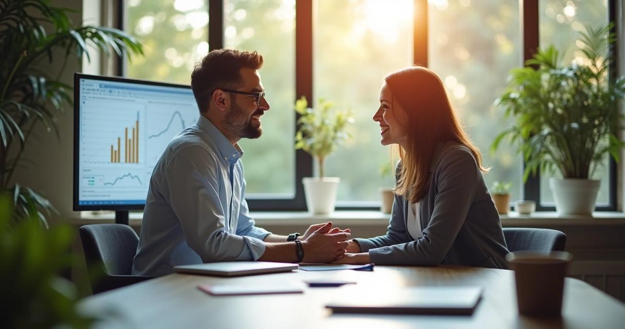 Dos personas conversando sobre su contabilidad frente a una pantalla con gráficas